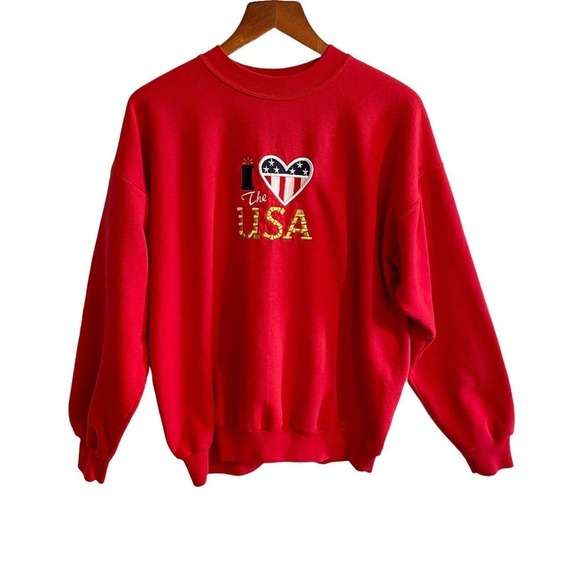 Vintage Hanes Large Sweatshirt Red “I Love The USA” Graphic Embroidery American… - Picture 1 of 5